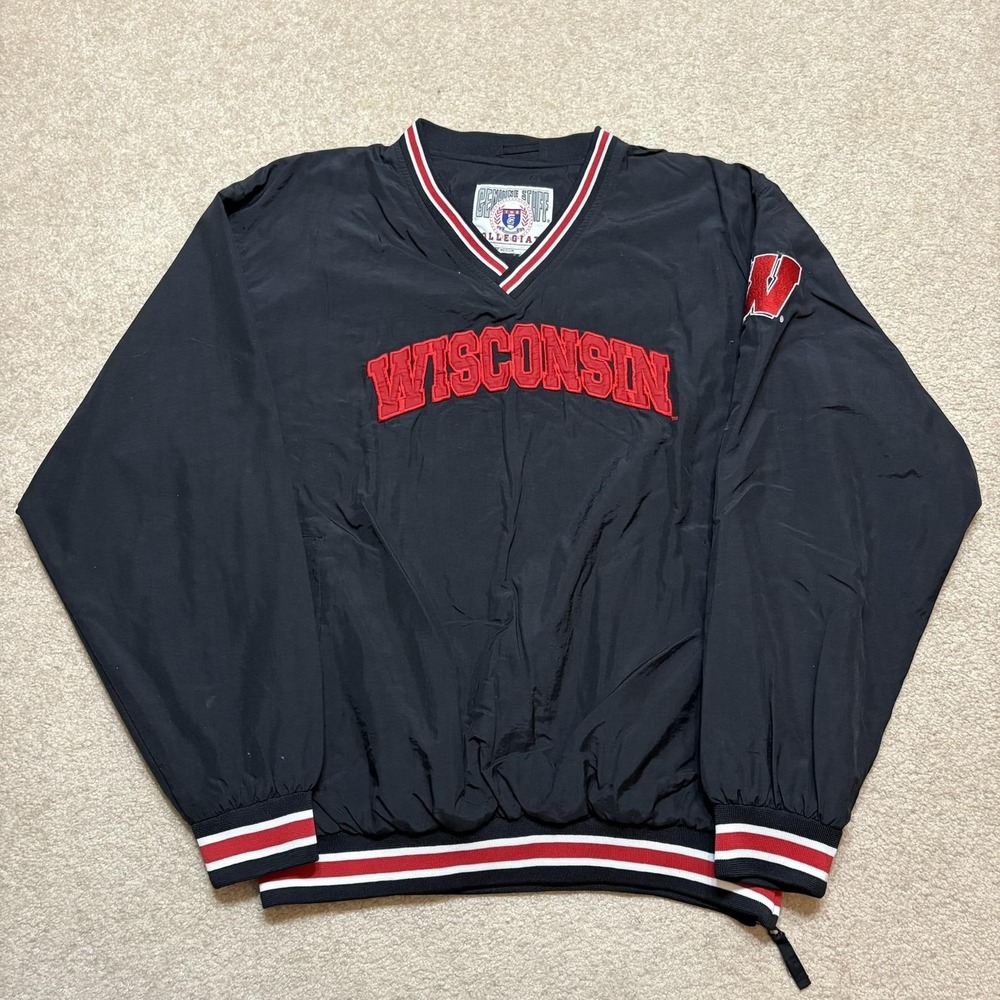Vtg Wisconsin Badgers Windbreaker Jacket Mens Medium Black NCAA Pullover 90s